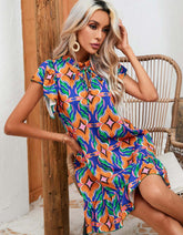 Printed Round Neck Flounce Sleeve High Waist Ruffle Short A-Line Dresses