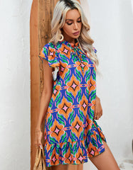 Printed Round Neck Flounce Sleeve High Waist Ruffle Short A-Line Dresses