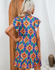 Printed Round Neck Flounce Sleeve High Waist Ruffle Short A-Line Dresses