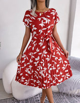 Leaf Print Round Neck Short Sleeve Midi A-Line Dresses