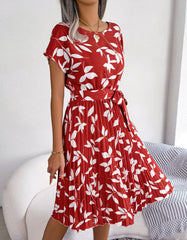 Leaf Print Round Neck Short Sleeve Midi A-Line Dresses