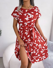 Leaf Print Round Neck Short Sleeve Midi A-Line Dresses