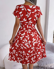 Leaf Print Round Neck Short Sleeve Midi A-Line Dresses