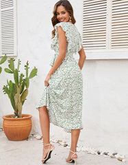 Disty Floral Print V Neck Short Sleeve Slits Long A-Line Dresses