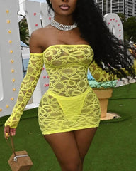 Solid Eyelet Embroidery Sheer Thumb Hole Off Shoulder Mini Dress With Panty