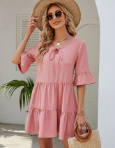 Solid-color Round Neck Belted Pleated Short A-Line Dresses