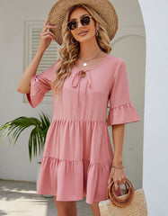 Solid-color Round Neck Belted Pleated Short A-Line Dresses