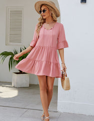 Solid-color Round Neck Belted Pleated Short A-Line Dresses