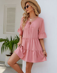 Solid-color Round Neck Belted Pleated Short A-Line Dresses
