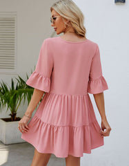 Solid-color Round Neck Belted Pleated Short A-Line Dresses