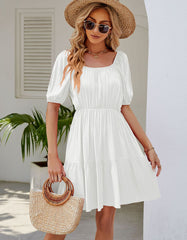 Solid-color Square Neck Puff Sleeve Short A-Line Dresses