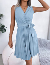 Solid-color V Neck Sleeveless Pleated Short A-Line Dresses