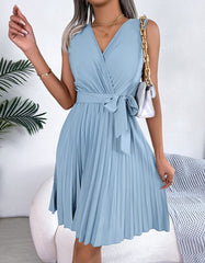 Solid-color V Neck Sleeveless Pleated Short A-Line Dresses