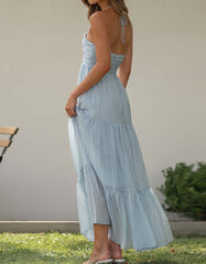 Solid-color Halter Backless Sleeveless Long Ruffle Hem A-Line Dresses