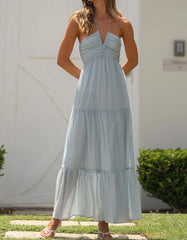 Solid-color Halter Backless Sleeveless Long Ruffle Hem A-Line Dresses