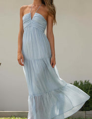 Solid-color Halter Backless Sleeveless Long Ruffle Hem A-Line Dresses