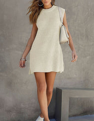 Solid-color Round Neck Sleeveless Slits Short Knitted A-Line Dresses