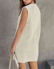 Solid-color Round Neck Sleeveless Slits Short Knitted A-Line Dresses