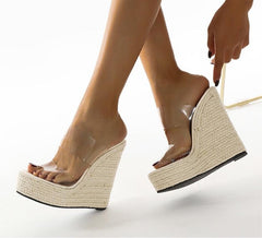 Clear Strap Raffia Wedges
