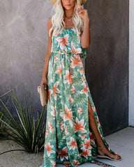 Tropical Print Split Ruffle Hem Foldover Tube Dress
