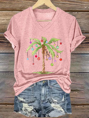 Christmas Palm Tree Print V-Neck T-Shirt
