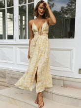 Yellow V-Neck Lace Up Printed Beach Maxi Summer Dress
