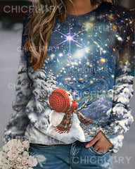Christmas Snowman and Starry Sky Meet Print Loose Sweatshirt