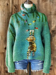 Vintage Christmas Cat Art Print Knit Turtleneck Pullover Sweater