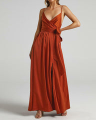 Satin Split Thigh Belted Wrap Cami Dress