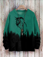 Western Horse and Forest Print Crew Neck Pit Strip Knitted Sweatshirt