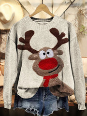 Christmas Elk Printed Crew Neck Casual Knit Pullover