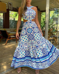 Halter Moroccan Print Cutout Maxi Dress