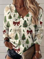 Vintage Christmas Print Knit V-neck Pullover Sweater
