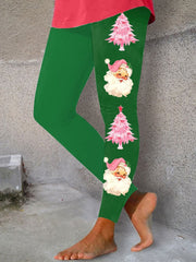 Pink Christmas Tree & Santa Fun Print Print Leggings