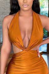 Drawstring Ruched Twisted Front Backless Halter Dress