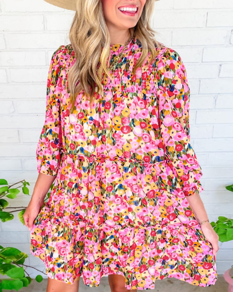 Floral Smocked 3/4 Sleeve Tiered Dress