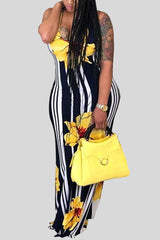 Stripe Floral Print Criss Cross Back Maxi Dress