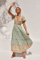 Ruffle Sleeve High Waist Bohemian Print Maxi Dress