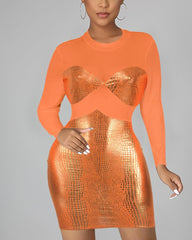 Metallic Snakeskin Print Sheer Mesh Long Sleeve Dress
