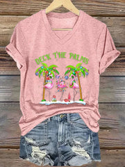 Deck The Palms Flamingo Tropical Christmas Lights Palm Tree Print T-Shirt