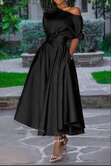 Solid Ruffle Hem Belted Long Dress