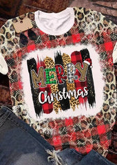 Merry Christmas Leopard Plaid Bleached Printed T-Shirt