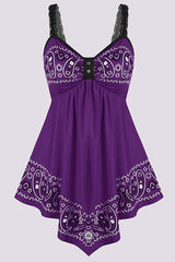 Paisley Print Contrast Lace Hanky Hem Mini Dress