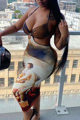 Classical Painting Print Cut Out Ruched Long Dress