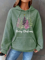 Merry Christmas Tree Print Waffle Textured Hoodie