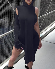 Solid Rib-Knit Cut Out Asymmetrical Hem Hooded Mini Dress