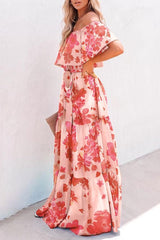 Allover Print Belted Ruffle Hem Maxi Dress