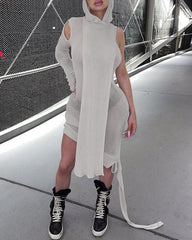 Solid Rib-Knit Cut Out Asymmetrical Hem Hooded Mini Dress