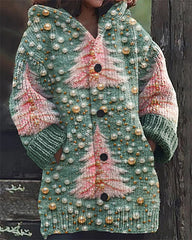Christmas Tree Embroidery Print Casual Hooded Cardigan