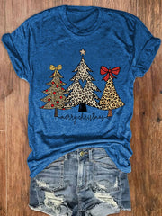 Christmas Leopard Christmas Tree Print Crew Neck T-Shirt